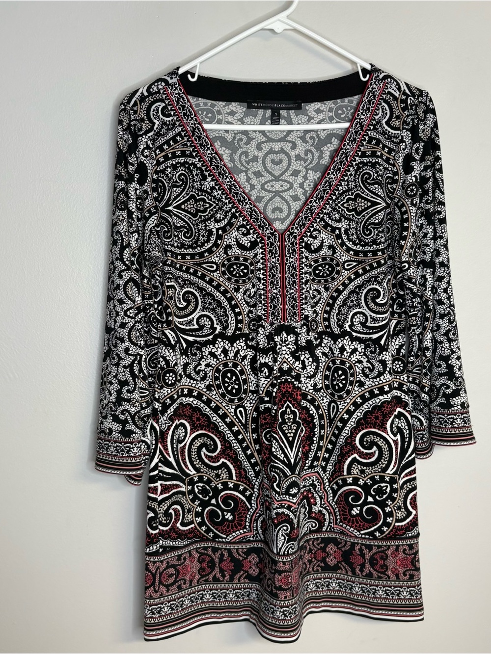 White House Black Market Black & White Paisley Tunic with Red Trim
